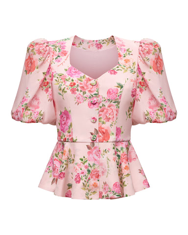 Judy, jacket in light pink crepe de chine with medium pink flowers