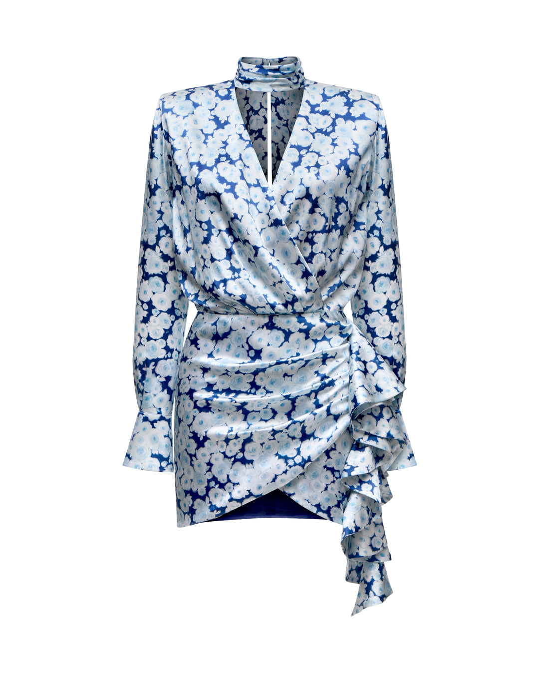 Leah mini, mini dress in blue satin with medium blue flowers – ROSES LACE