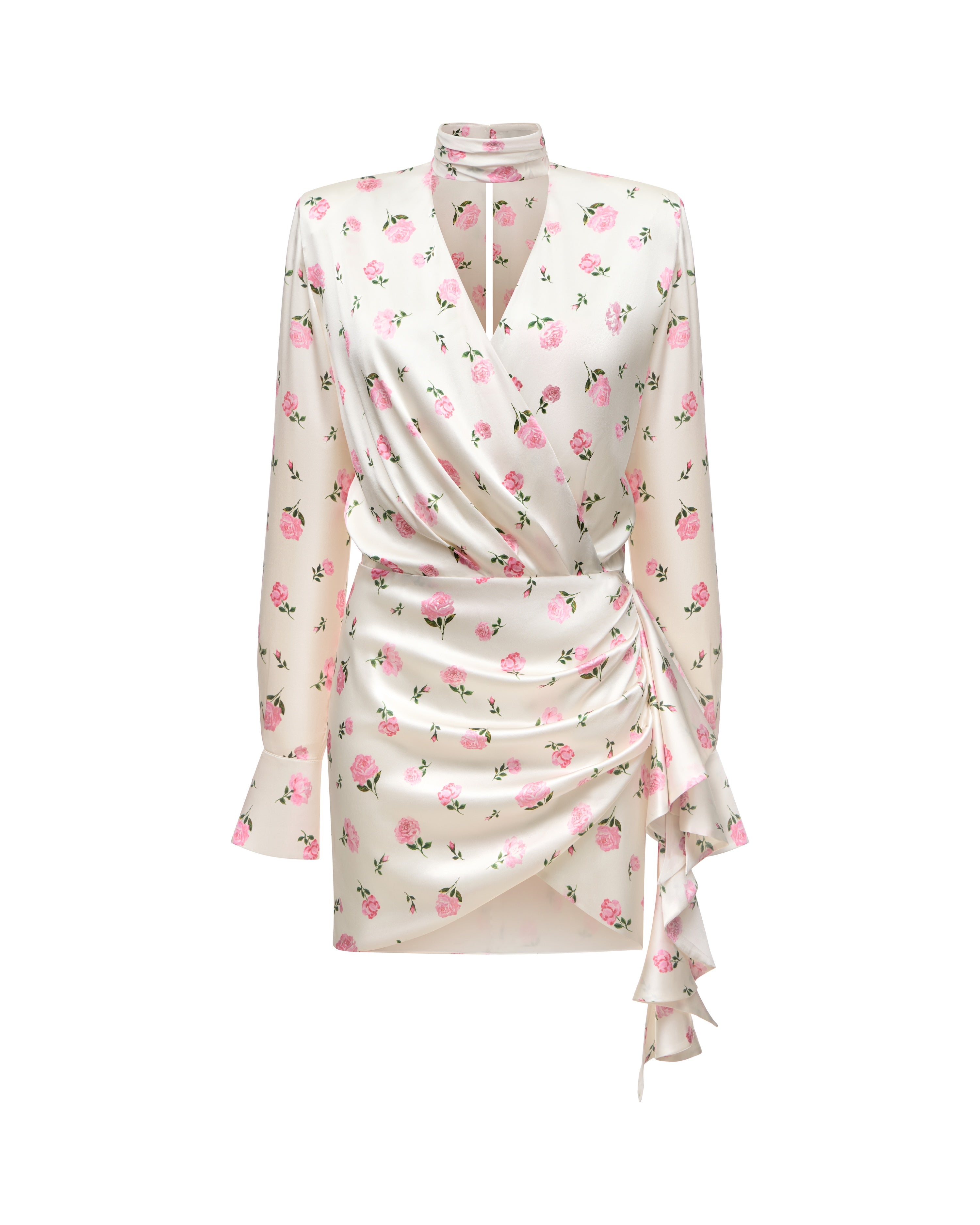 Leah mini, mini dress in milky satin with medium pink flowers