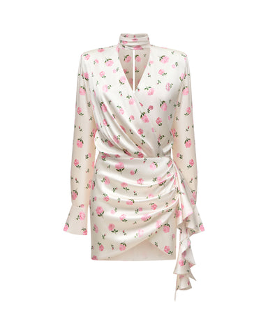 Leah mini, mini dress in milky satin with medium pink flowers