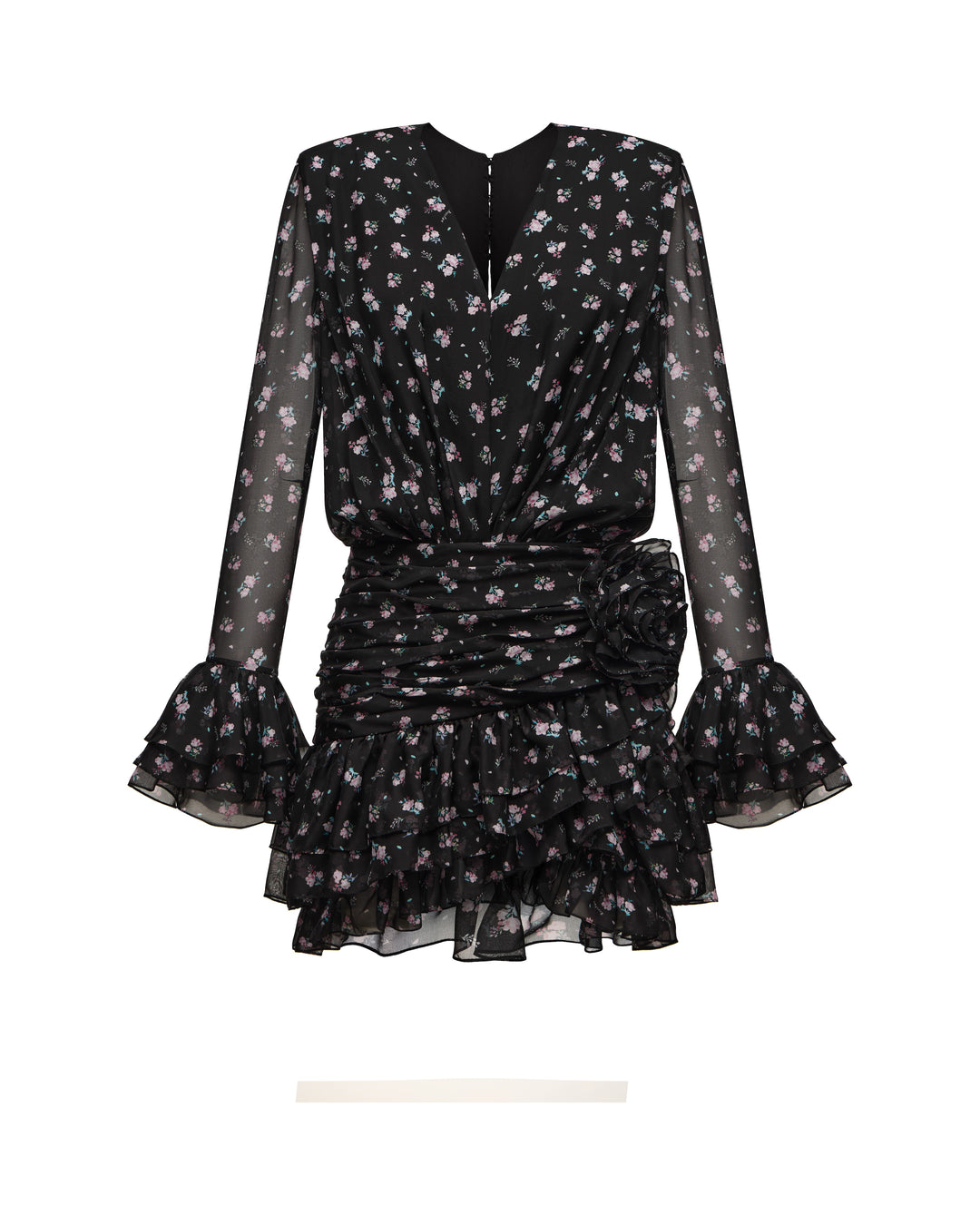Mira mini, chiffon mini dress in black with small raspberry flowers