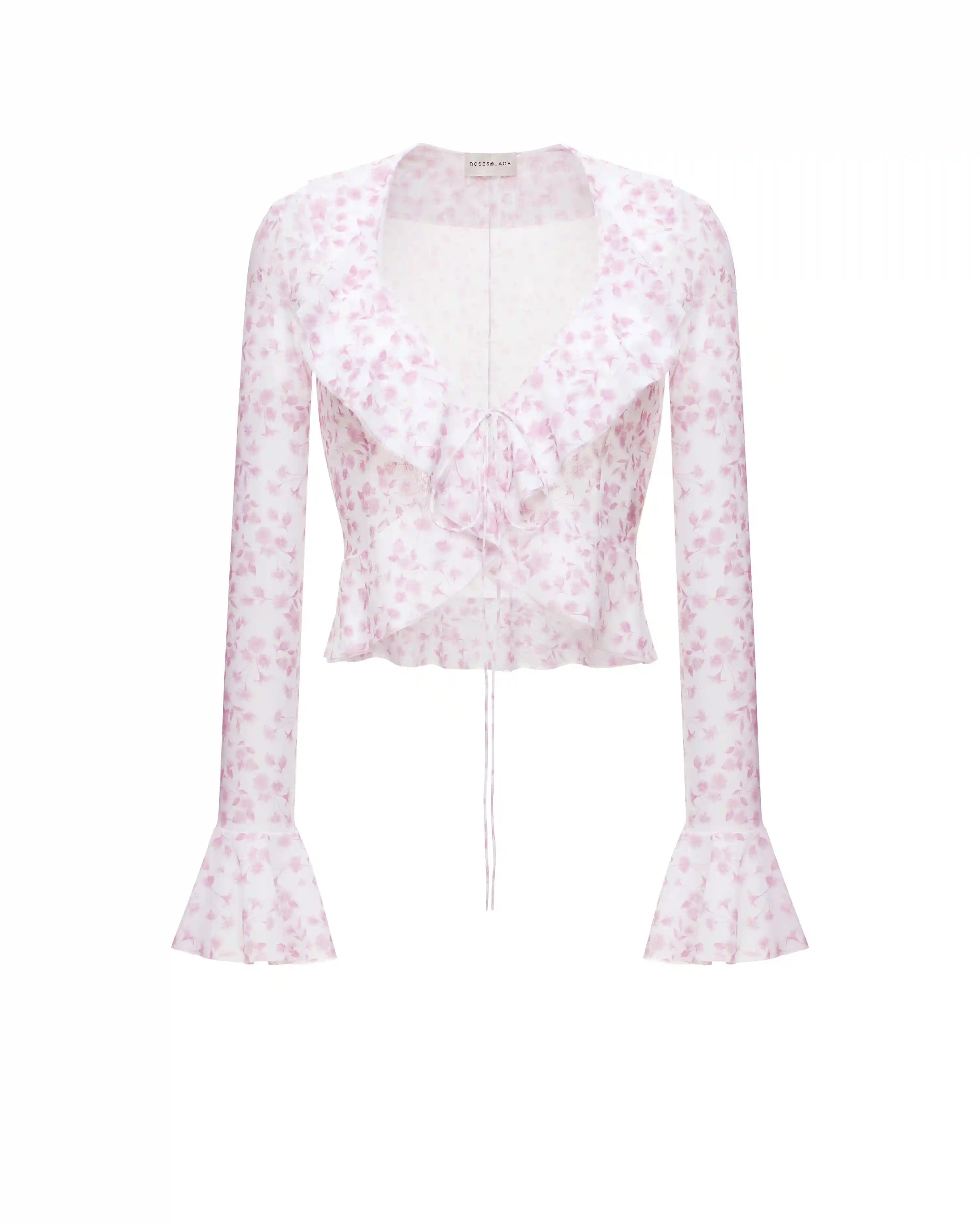 Roxanna mesh, beach blouse with sleeves and ruffles made of ivory mesh with small light pink flowers