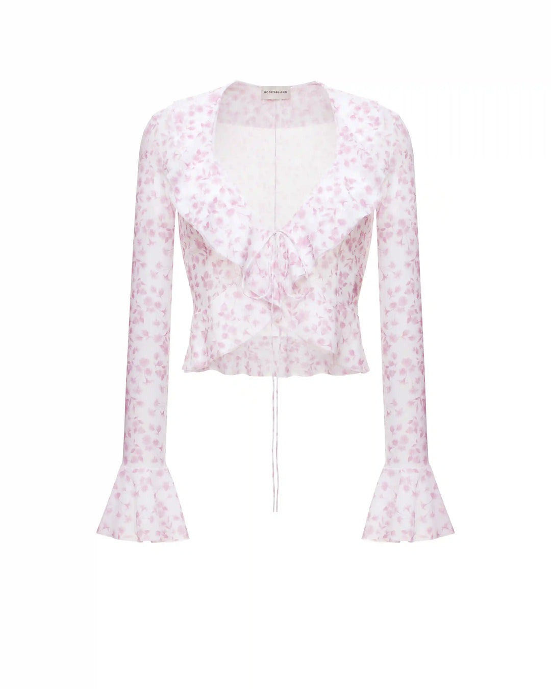 Roxanna mesh, beach blouse with sleeves and ruffles made of ivory mesh with small light pink flowers