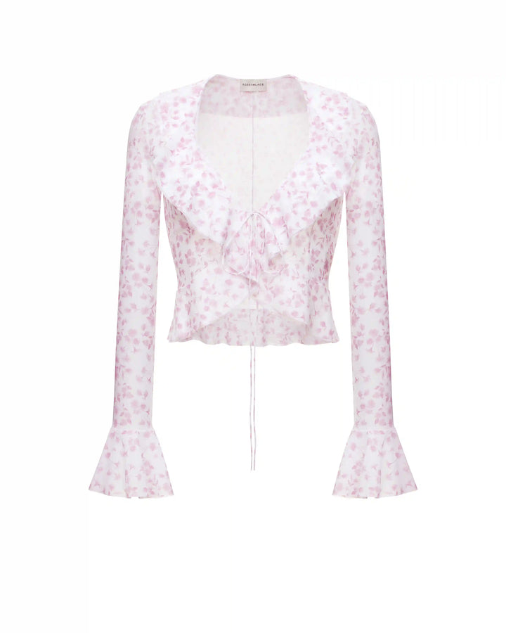Roxanna mesh, beach blouse with sleeves and ruffles made of ivory mesh with small light pink flowers