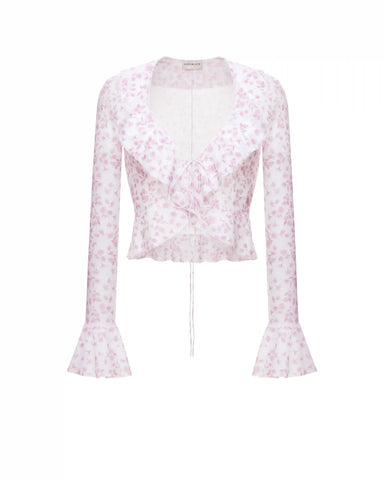 Roxanna mesh, beach blouse with sleeves and ruffles made of ivory mesh with small light pink flowers