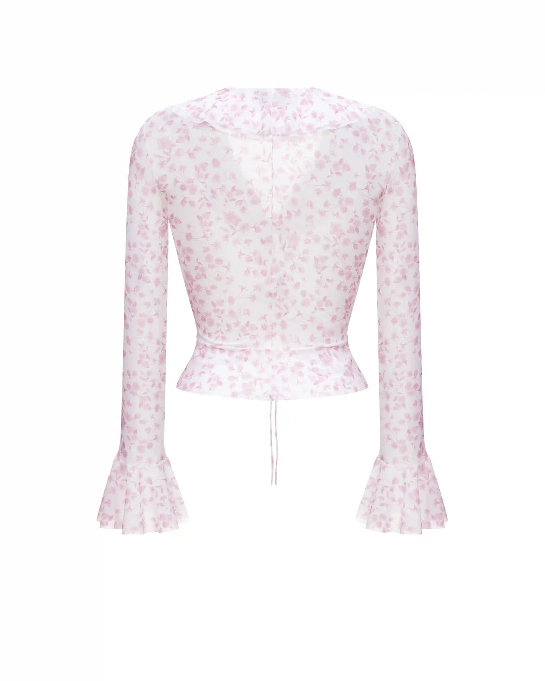Roxanna mesh, beach blouse with sleeves and ruffles made of ivory mesh with small light pink flowers