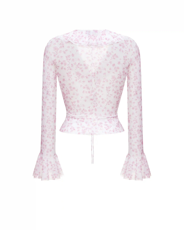 Roxanna mesh, beach blouse with sleeves and ruffles made of ivory mesh with small light pink flowers