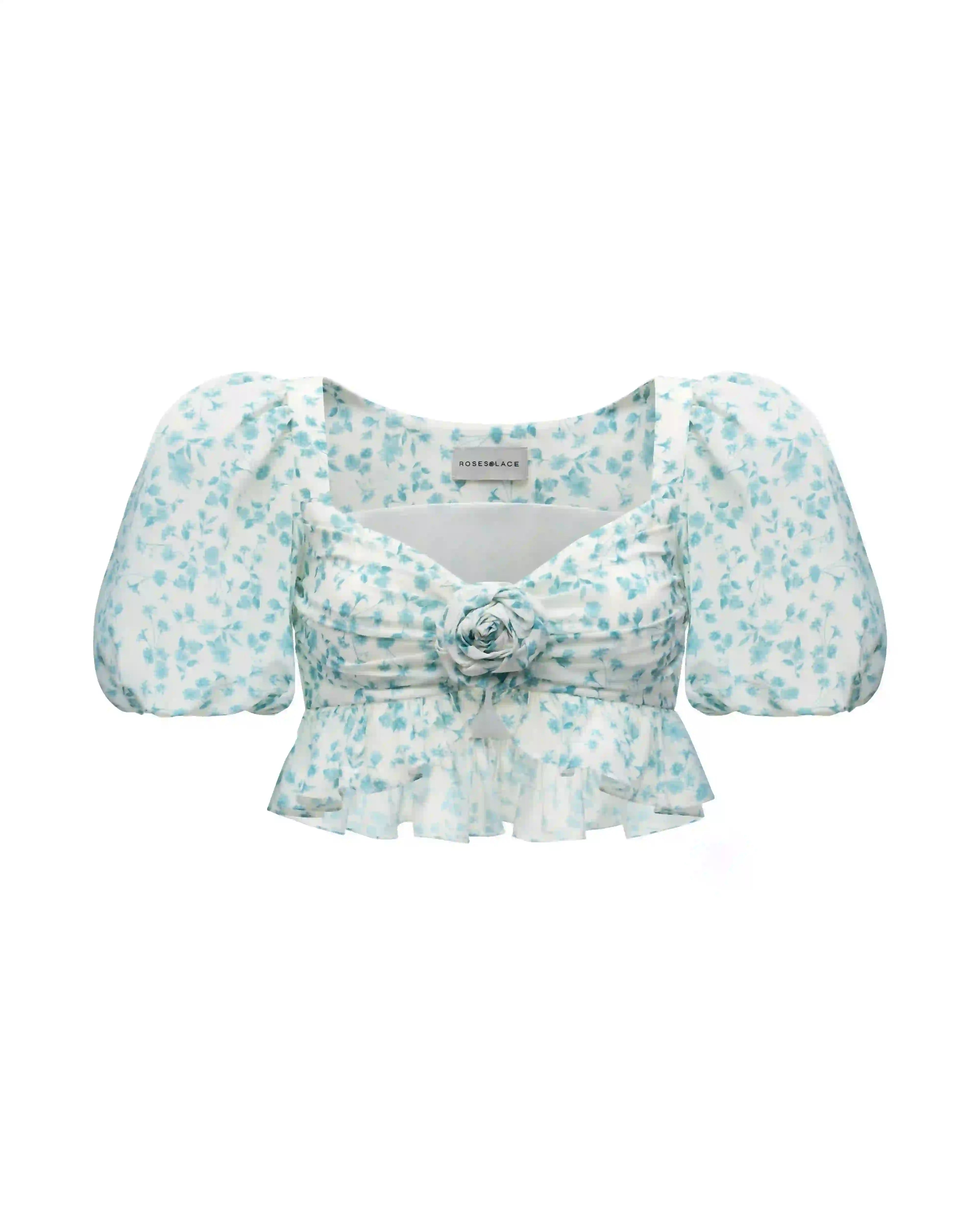 Melisa, crop top made of ivory crepe de chine with small blue flowers