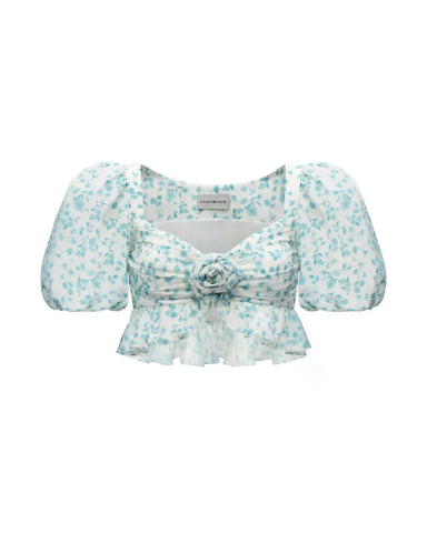 Melisa, crop top made of ivory crepe de chine with small blue flowers