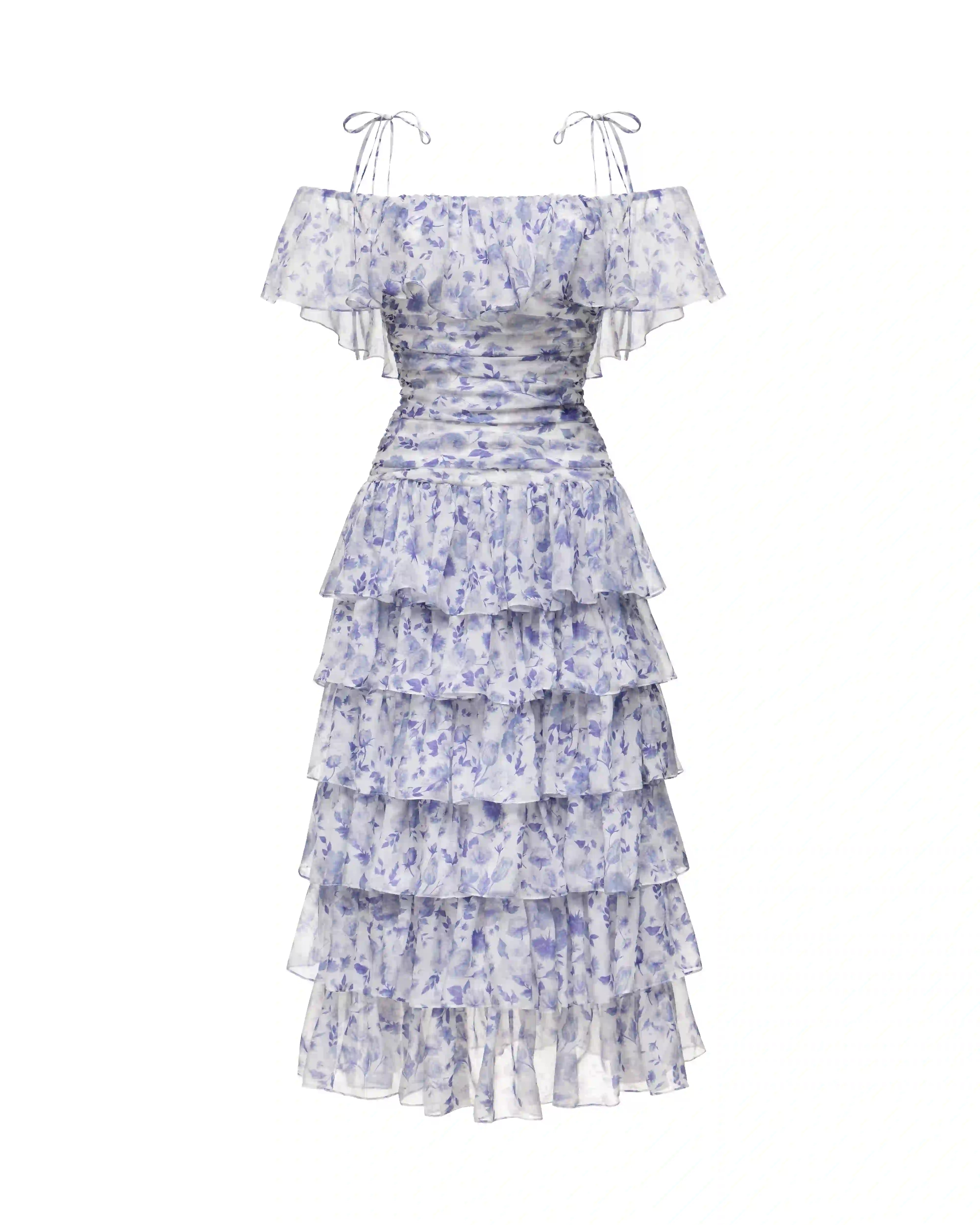 Vivienne, midi dress with ruffles made of ivory chiffon with medium lilac flowers
