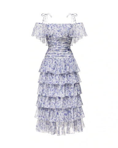 Vivienne, midi dress with ruffles made of ivory chiffon with medium lilac flowers