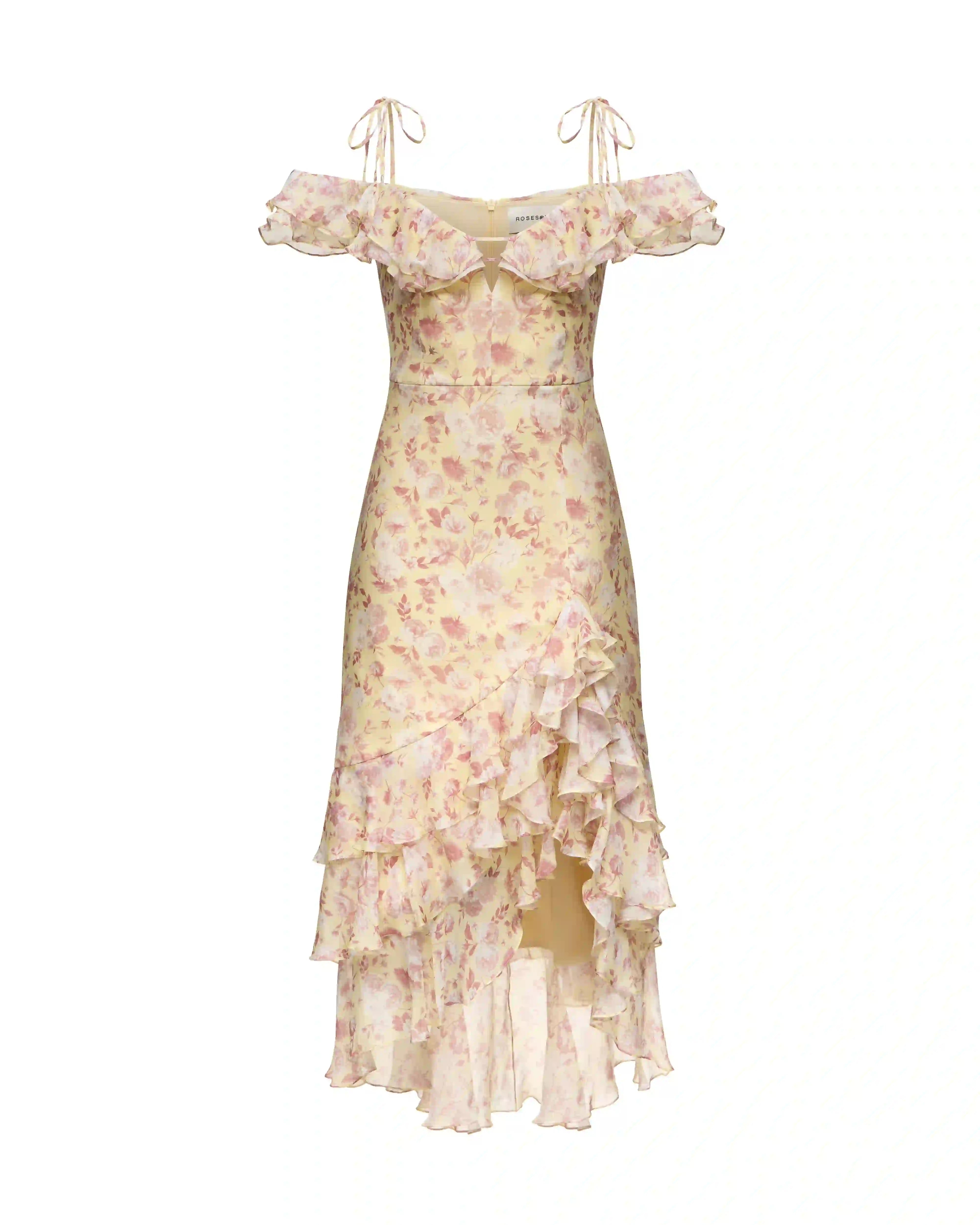 Monica, midi dress made of yellow chiffon with medium light pink flowers and short sleeves