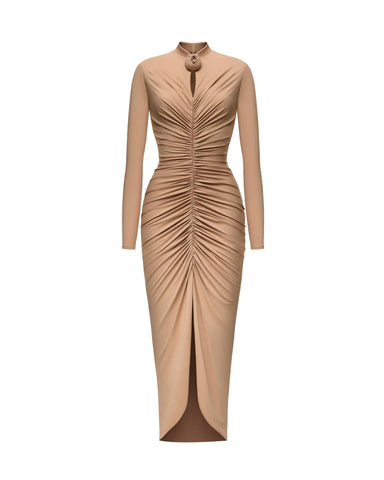 Ami, draped midi dress made of beige biflex
