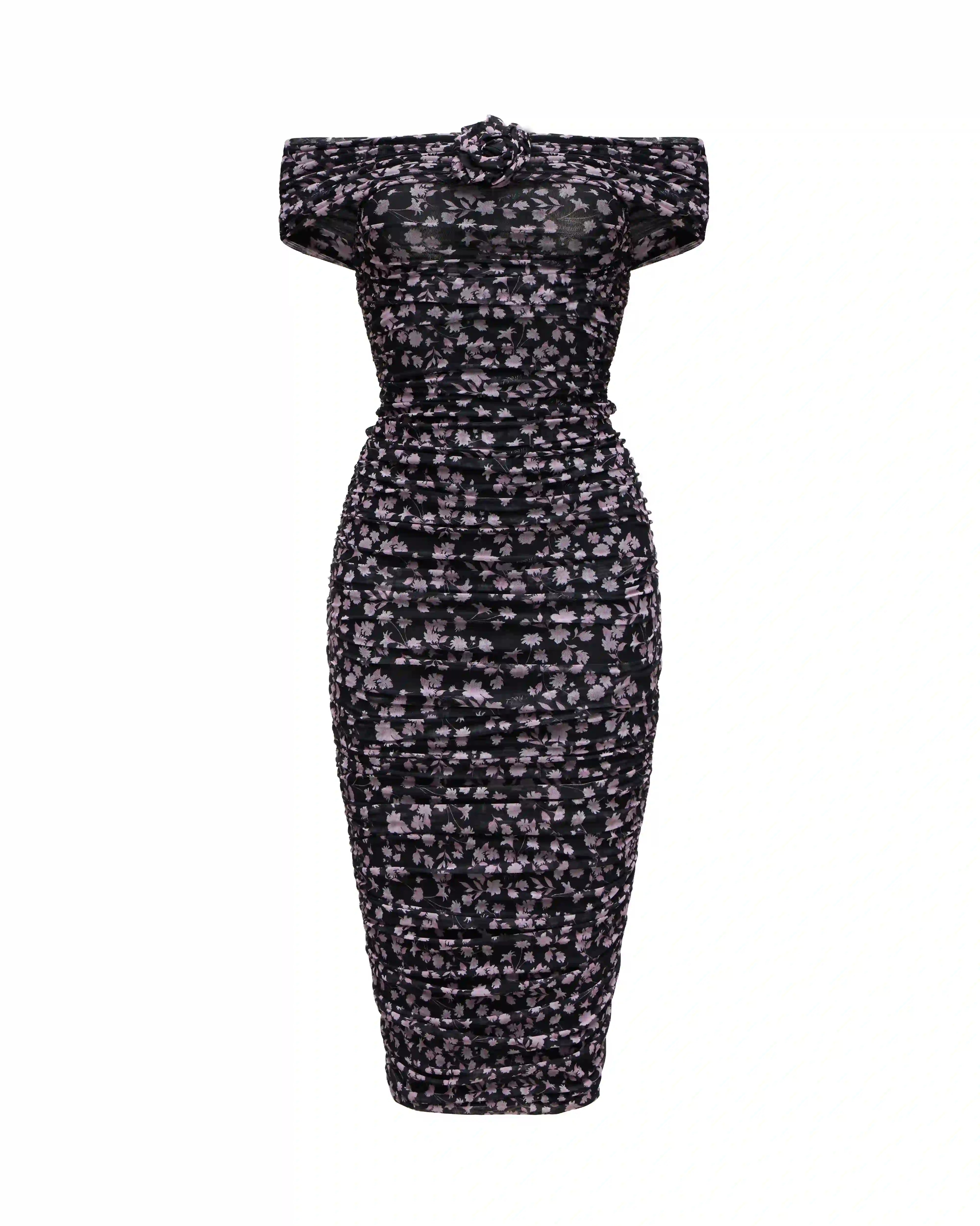 Iren midi, draped midi dress made of black mesh with small light pink flowers and a rose