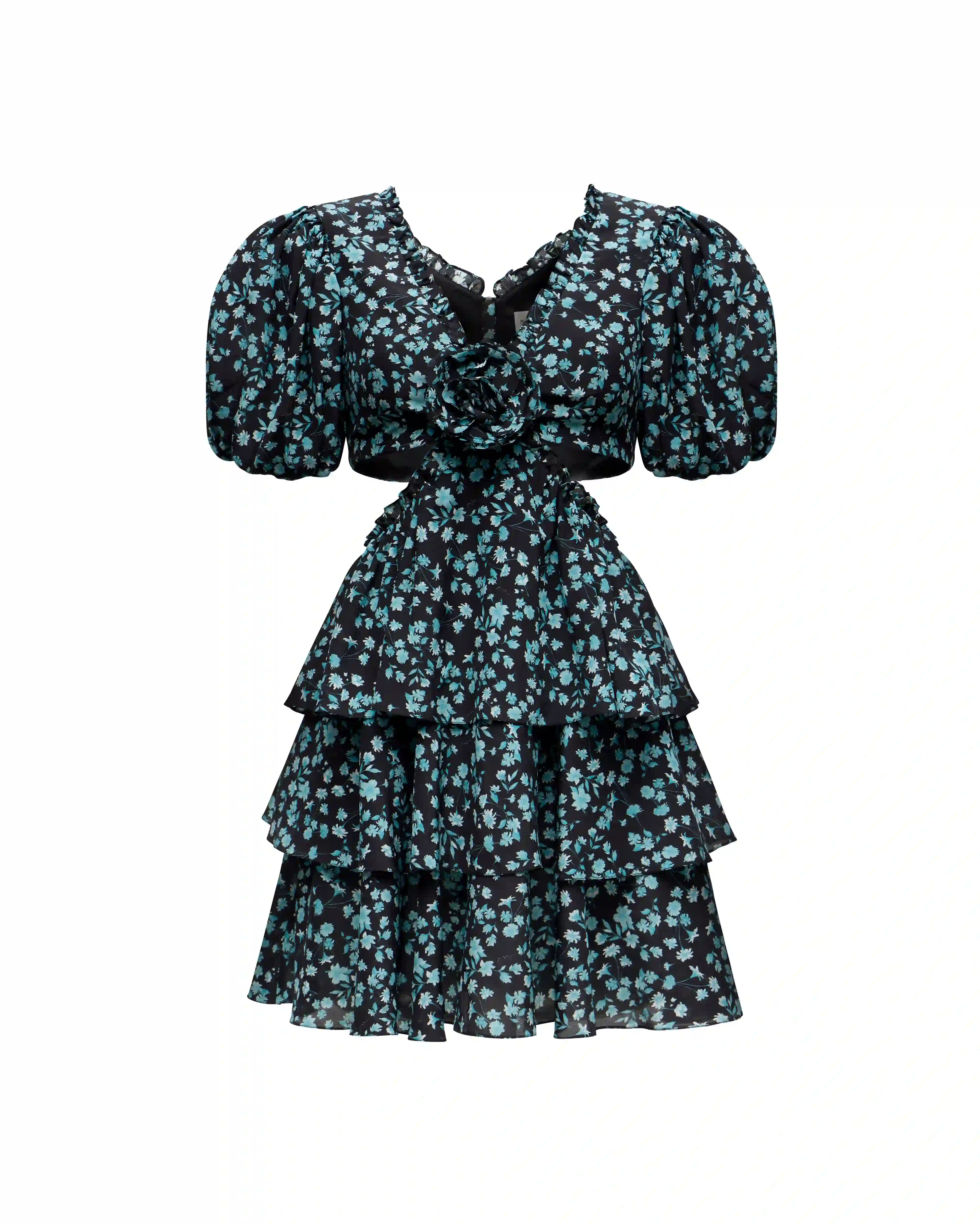 Kelly mini, mini dress made of black crepe de chine with small light blue flowers