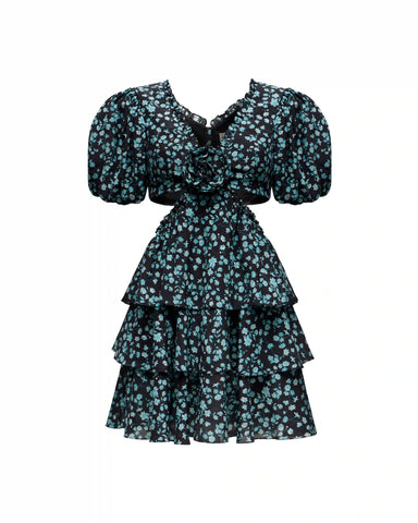 Kelly mini, mini dress made of black crepe de chine with small light blue flowers