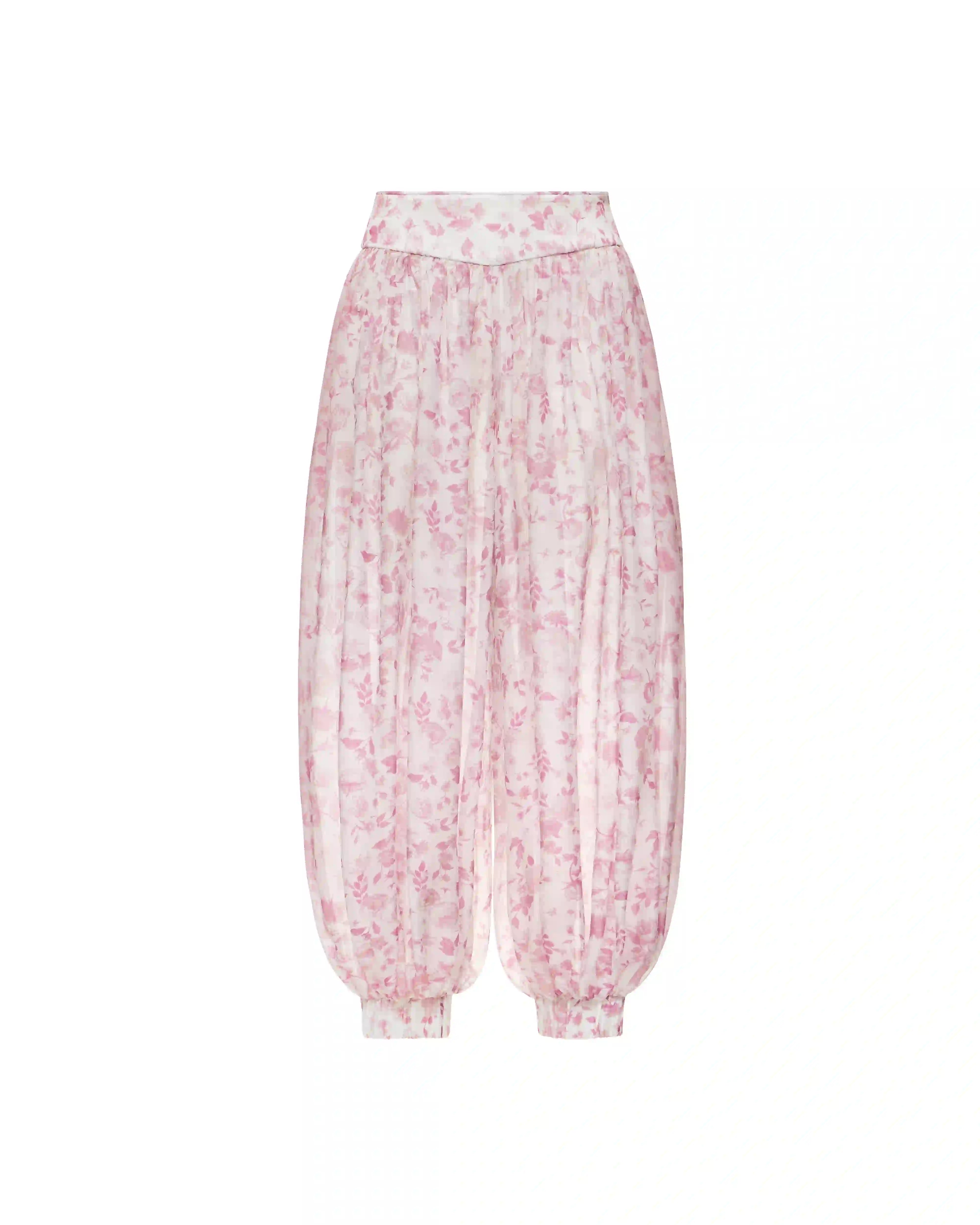Evie, trousers made of ivory chiffon with medium light pink flowers