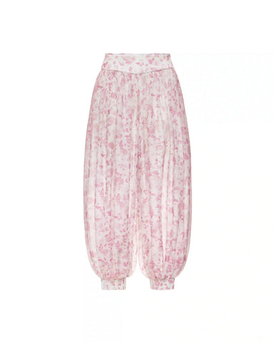 Evie, trousers made of ivory chiffon with medium light pink flowers