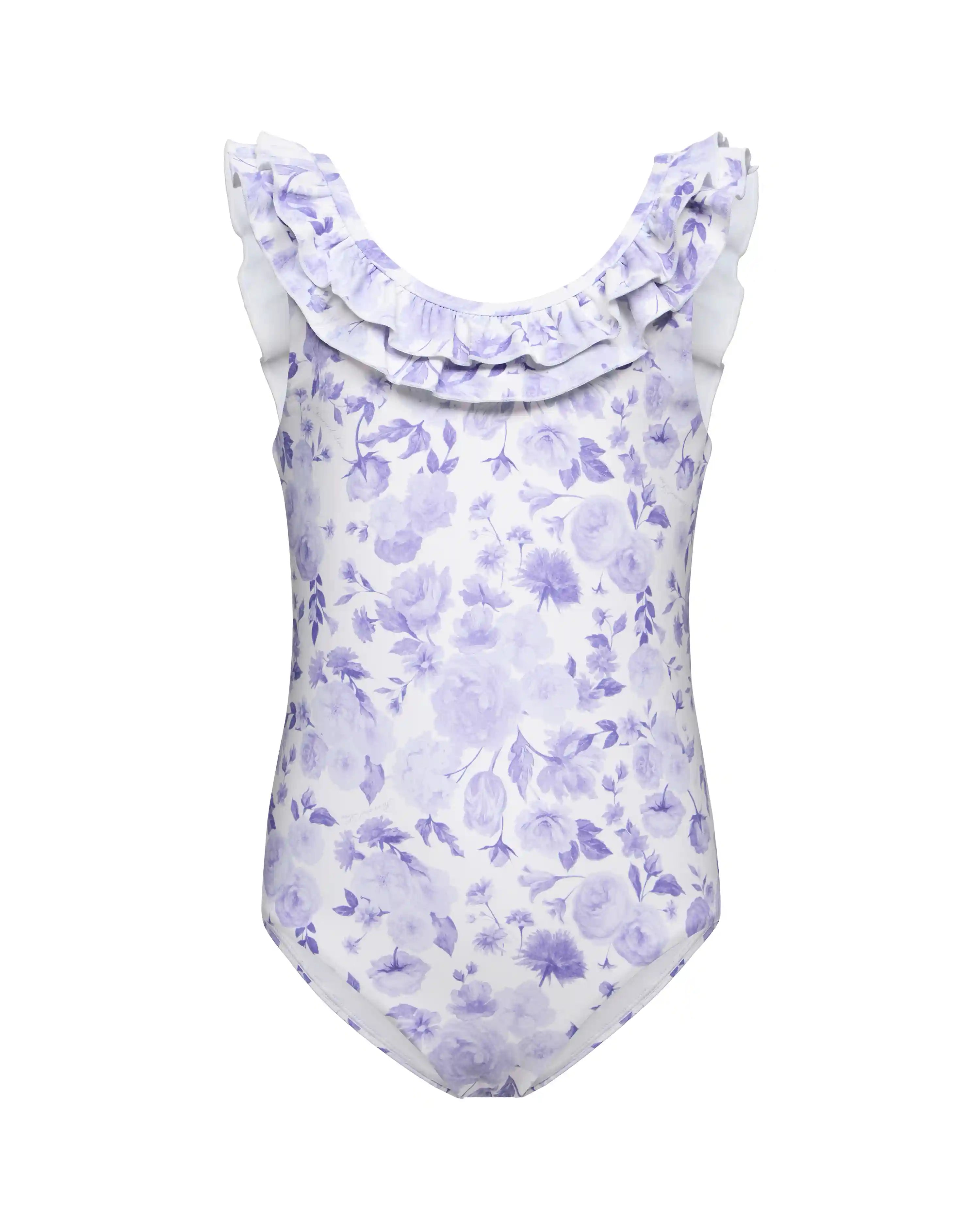 Lilo, children's one-piece swimsuit with a ruffle, in ivory with medium lilac flowers