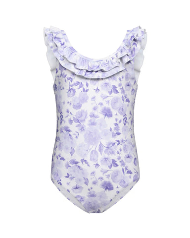 Lilo, children's one-piece swimsuit with a ruffle, in ivory with medium lilac flowers