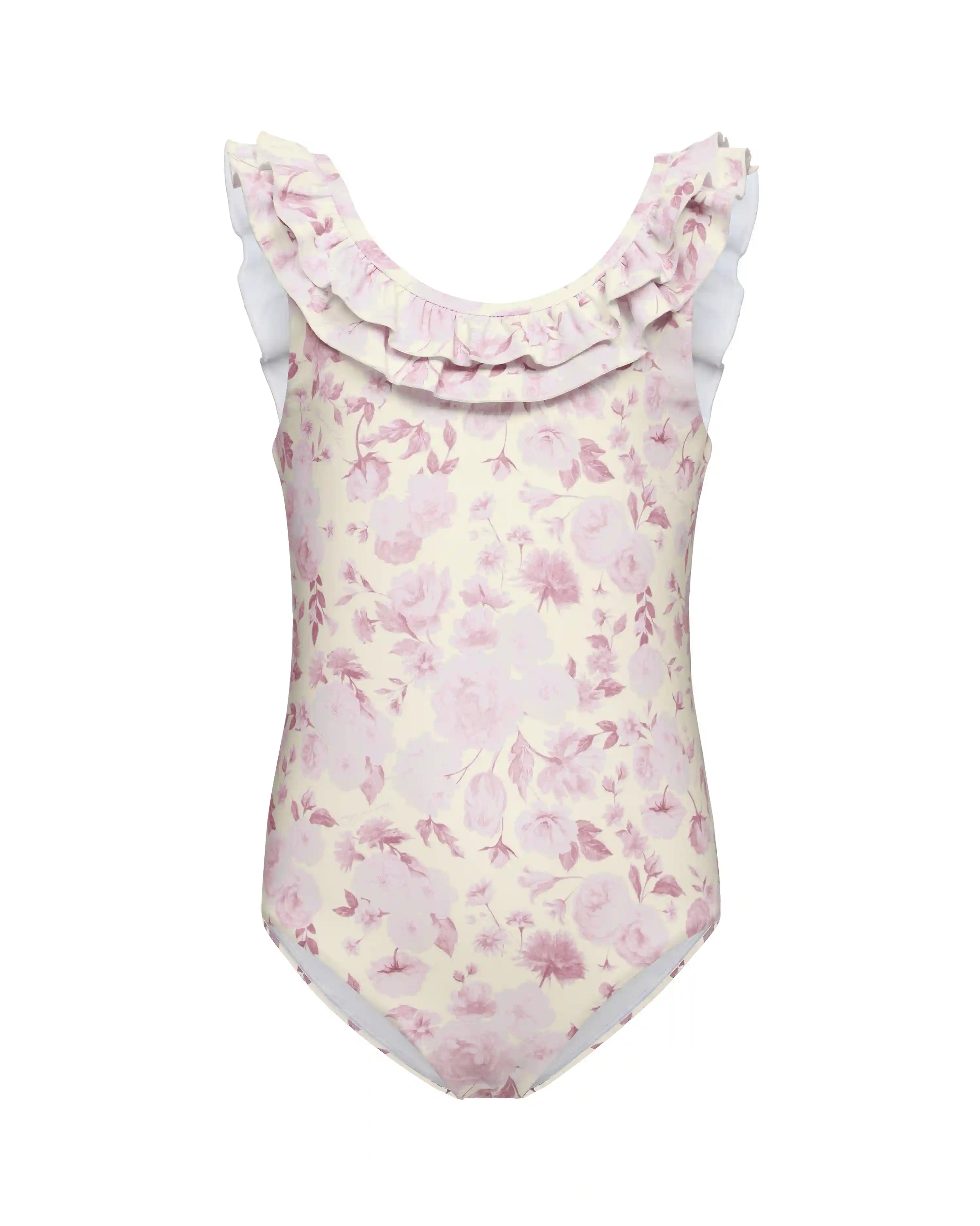 Lilo, children's one-piece swimsuit with a ruffle, in yellow with medium pink flowers