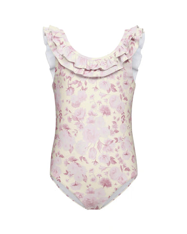 Lilo, children's one-piece swimsuit with a ruffle, in yellow with medium pink flowers