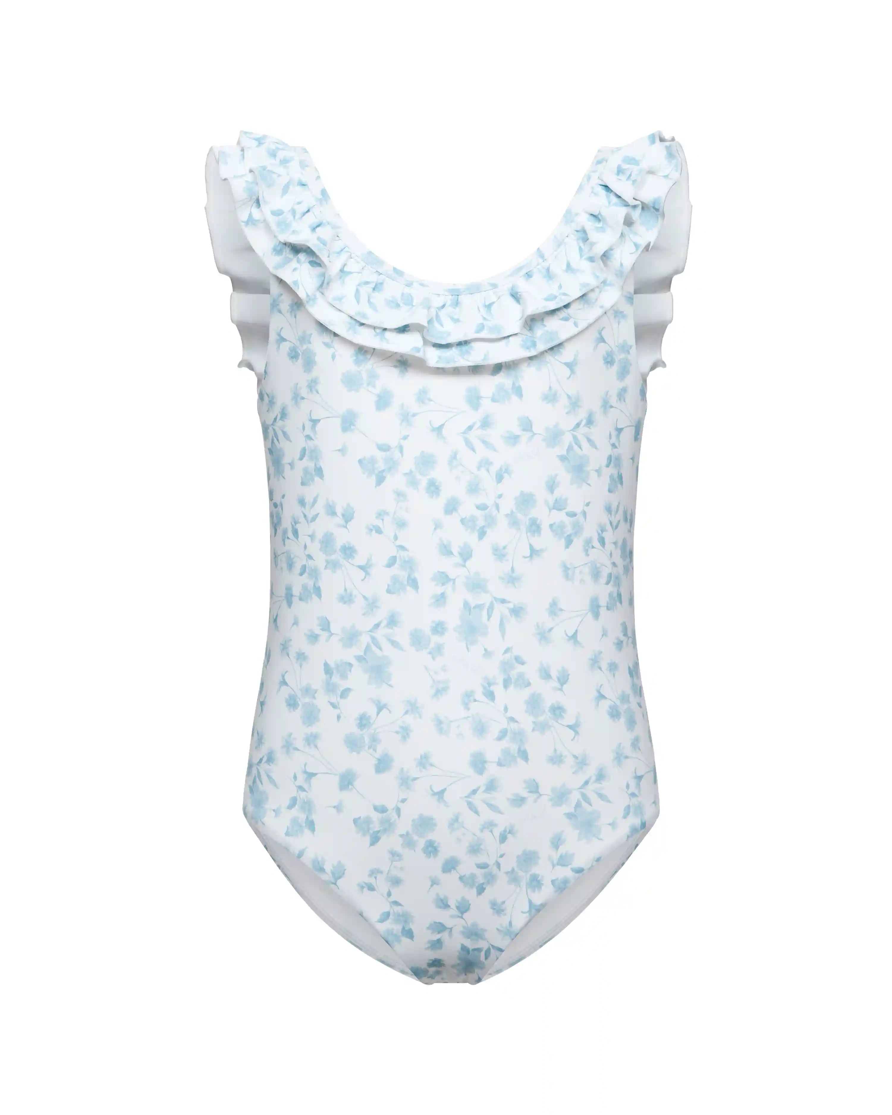 Lilo, children's one-piece swimsuit with a ruffle, in ivory with small light blue flowers