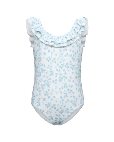 Lilo, children's one-piece swimsuit with a ruffle, in ivory with small light blue flowers