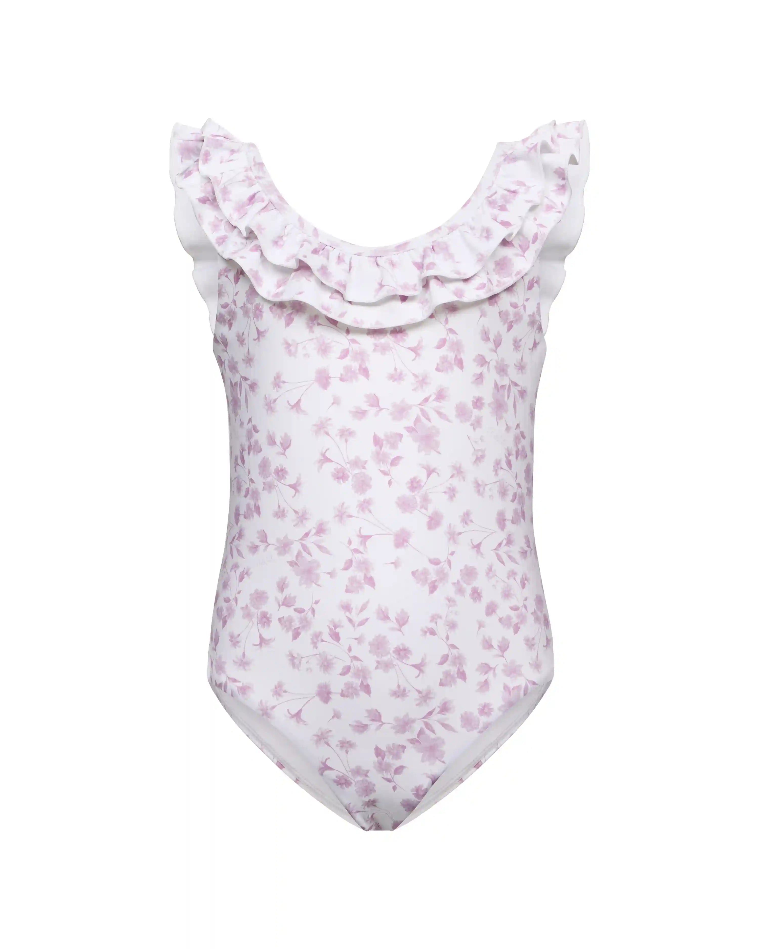 Lilo, children's one-piece swimsuit with a ruffle, in ivory with small light pink flowers