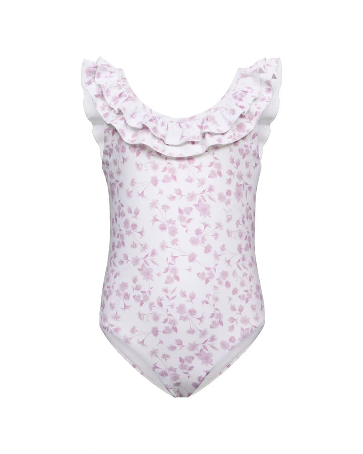 Lilo, children's one-piece swimsuit with a ruffle, in ivory with small light pink flowers