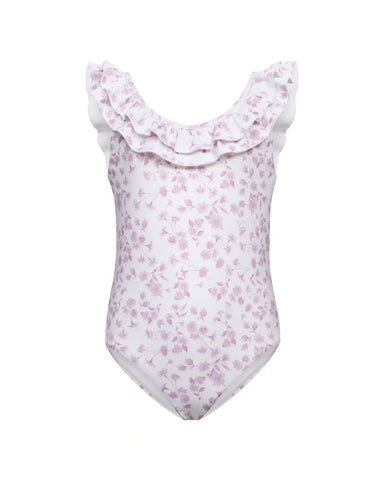 Lilo, children's one-piece swimsuit with a ruffle, in ivory with small light pink flowers