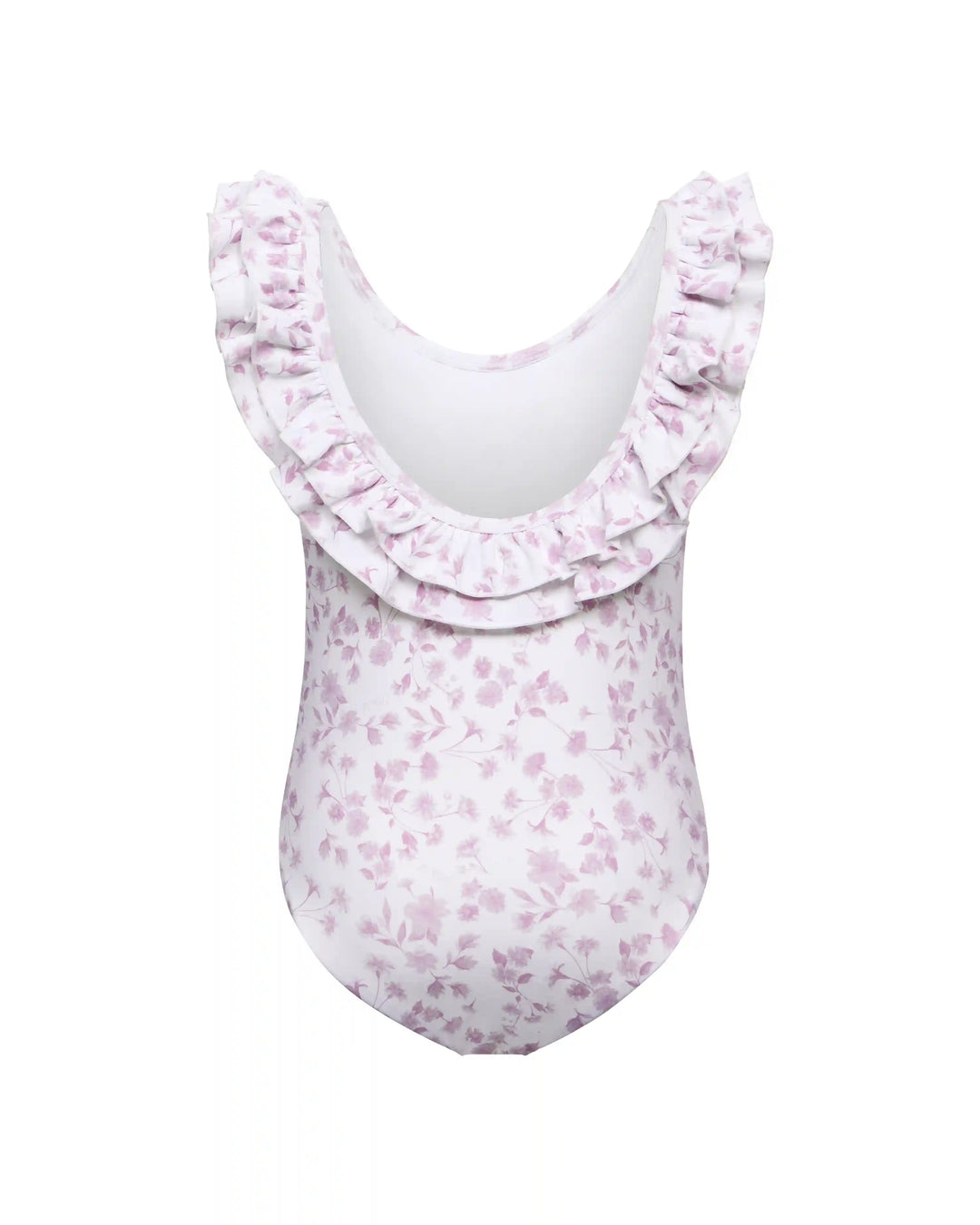 Lilo, children's one-piece swimsuit with a ruffle, in ivory with small light pink flowers