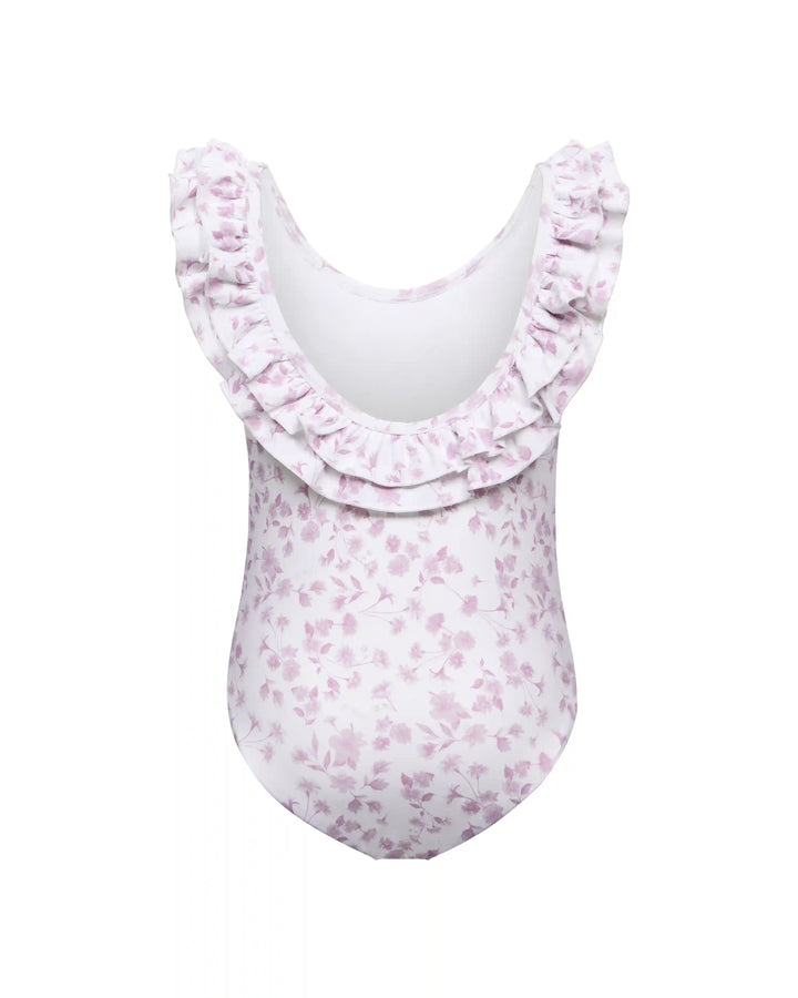 Lilo, children's one-piece swimsuit with a ruffle, in ivory with small light pink flowers