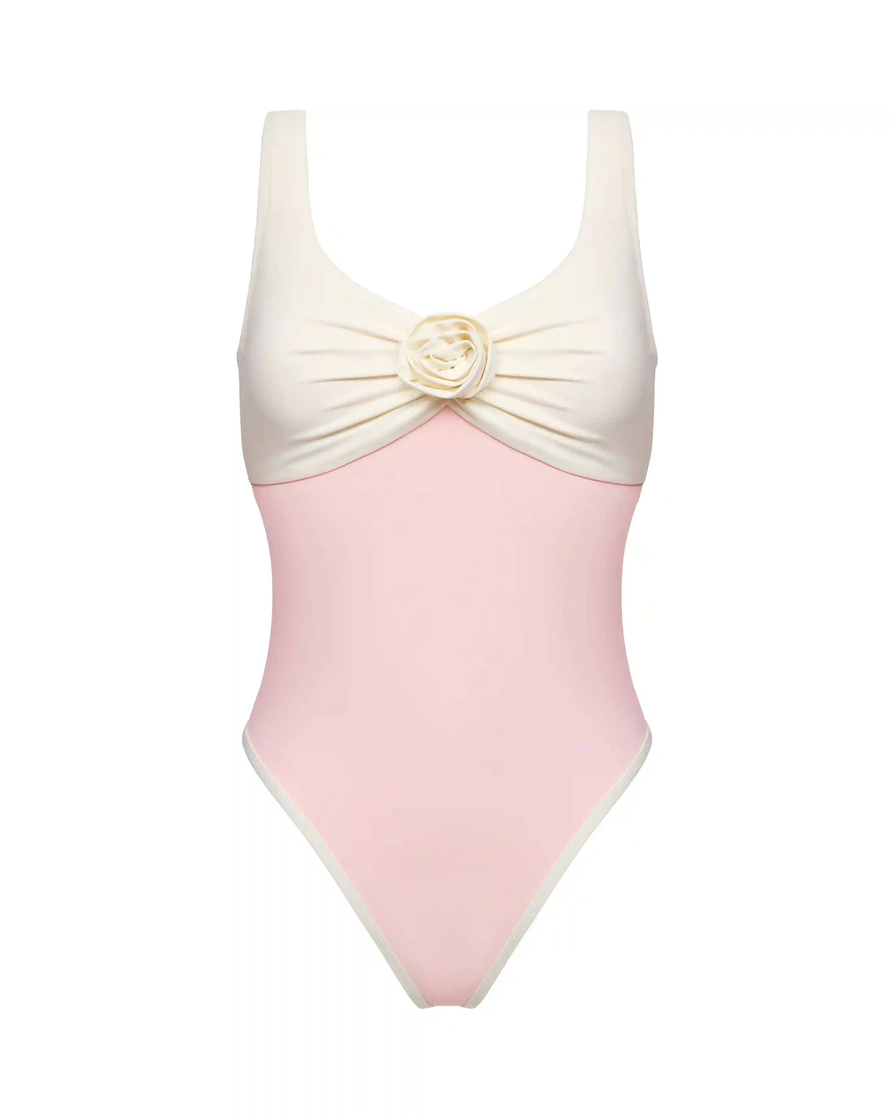 Violetta, set of one-piece pink swimsuit with draped ivory bodice and a skirt made of biflex