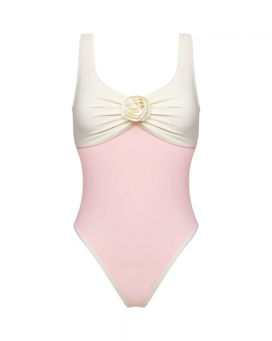 Violetta, set of one-piece pink swimsuit with draped ivory bodice and a skirt made of biflex