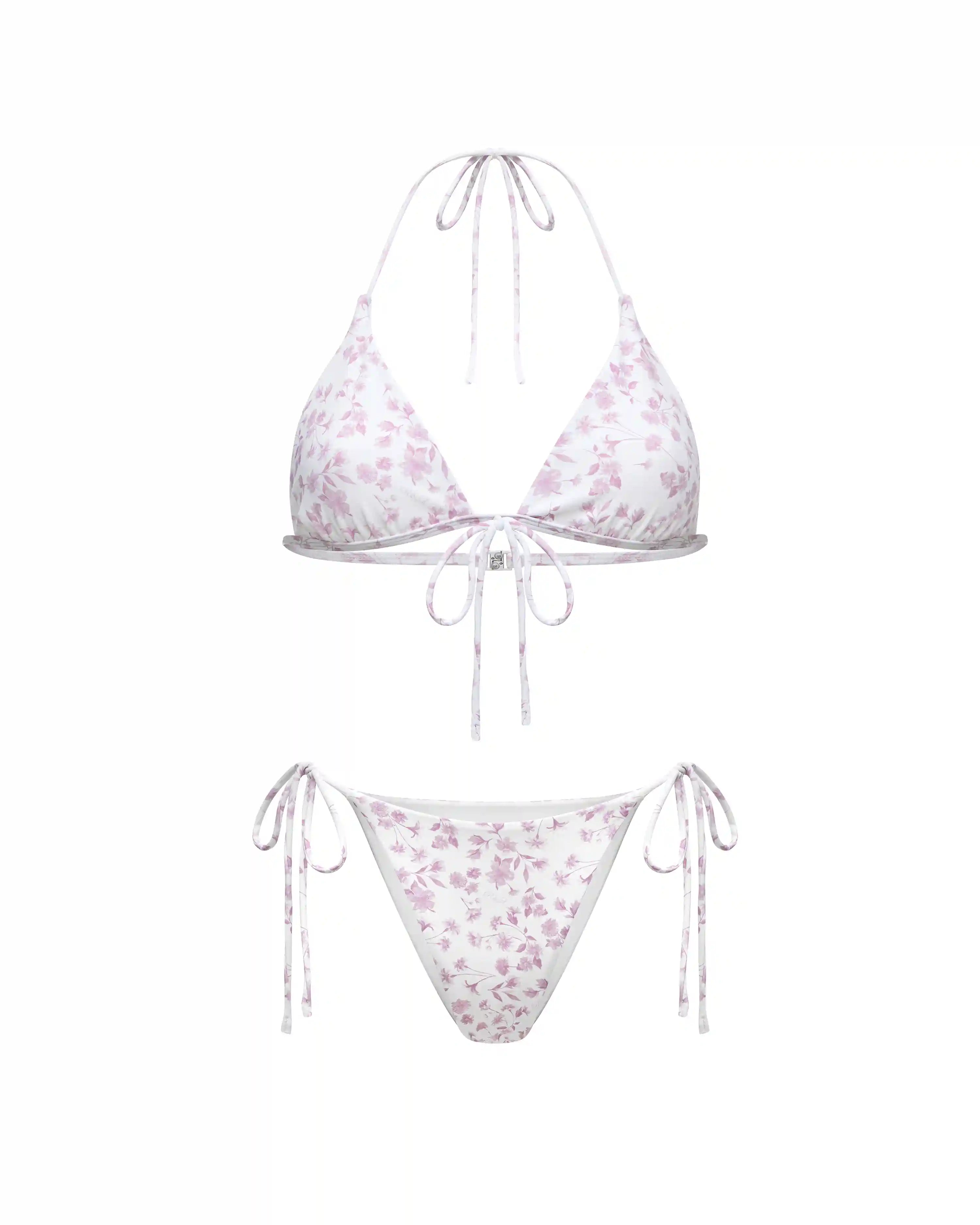 Gill, set of two-piece swimsuit and pareo made of biflex in ivory with small light pink flowers