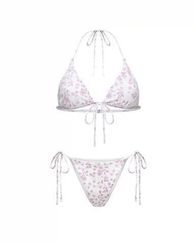 Gill, set of two-piece swimsuit and pareo made of biflex in ivory with small light pink flowers