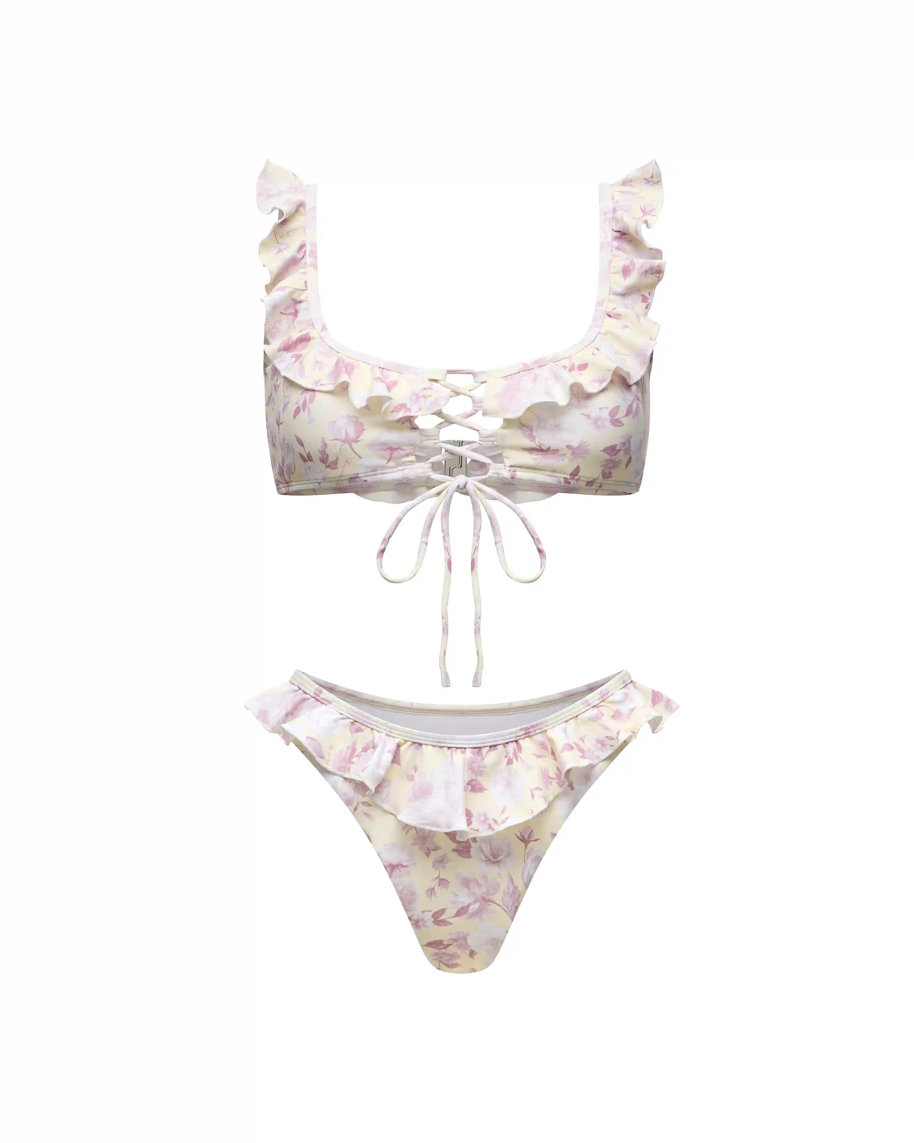 Debra, set of two-piece swimsuit and pareo made of biflex in yellow with medium pink flowers