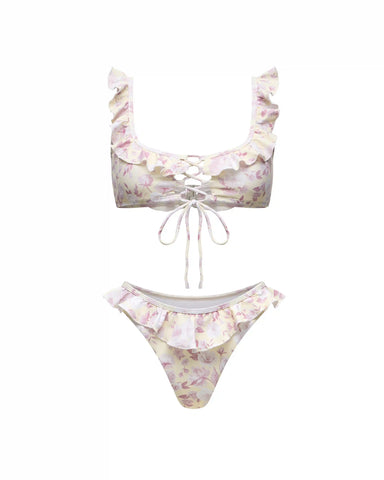 Debra, set of two-piece swimsuit and pareo made of biflex in yellow with medium pink flowers