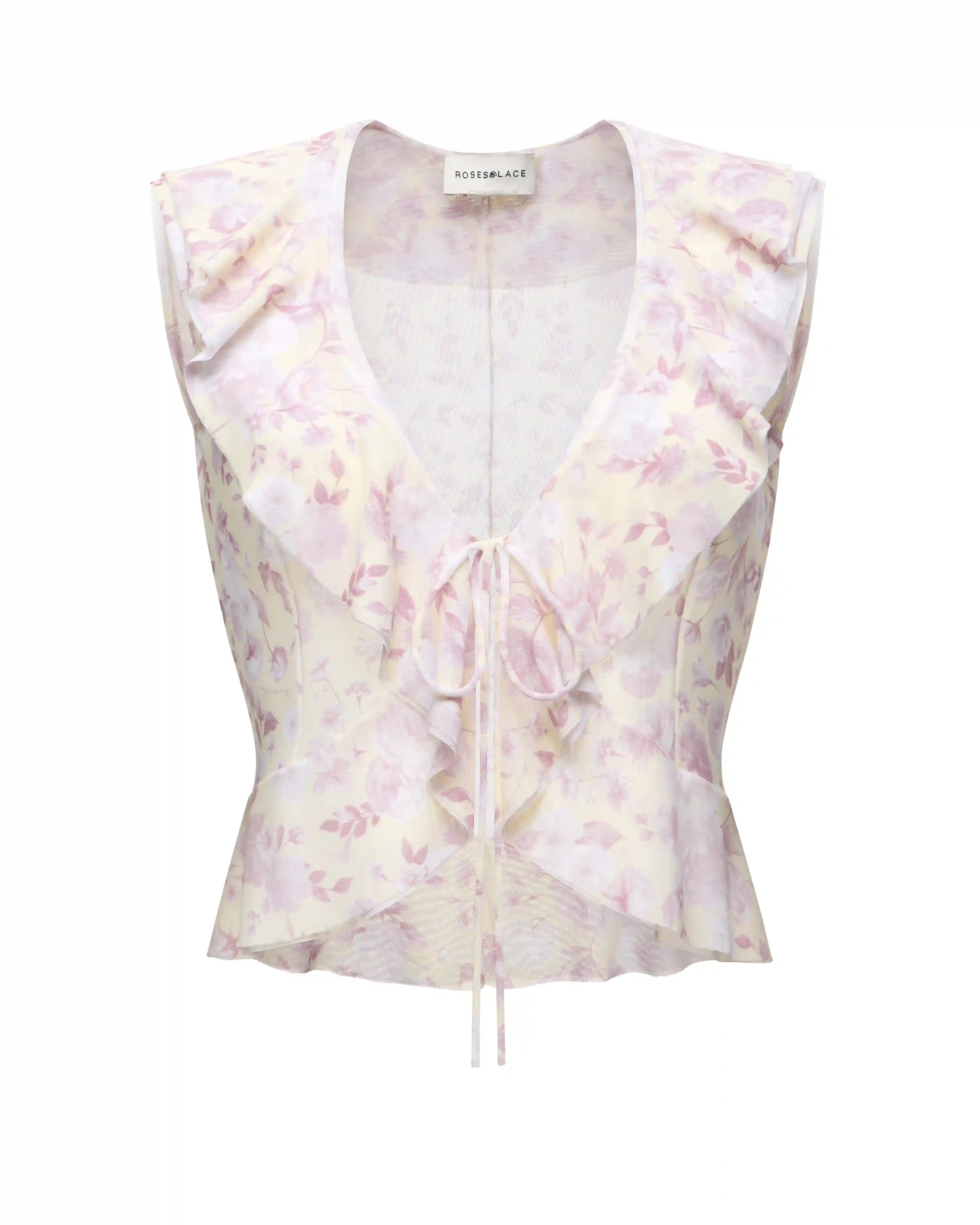 Hanna mesh, beach sleeveless blouse with ruffles made of yellow mesh with medium light pink flowers