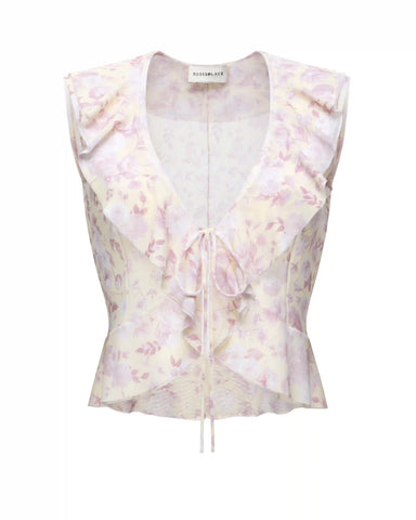 Hanna mesh, beach sleeveless blouse with ruffles made of yellow mesh with medium light pink flowers