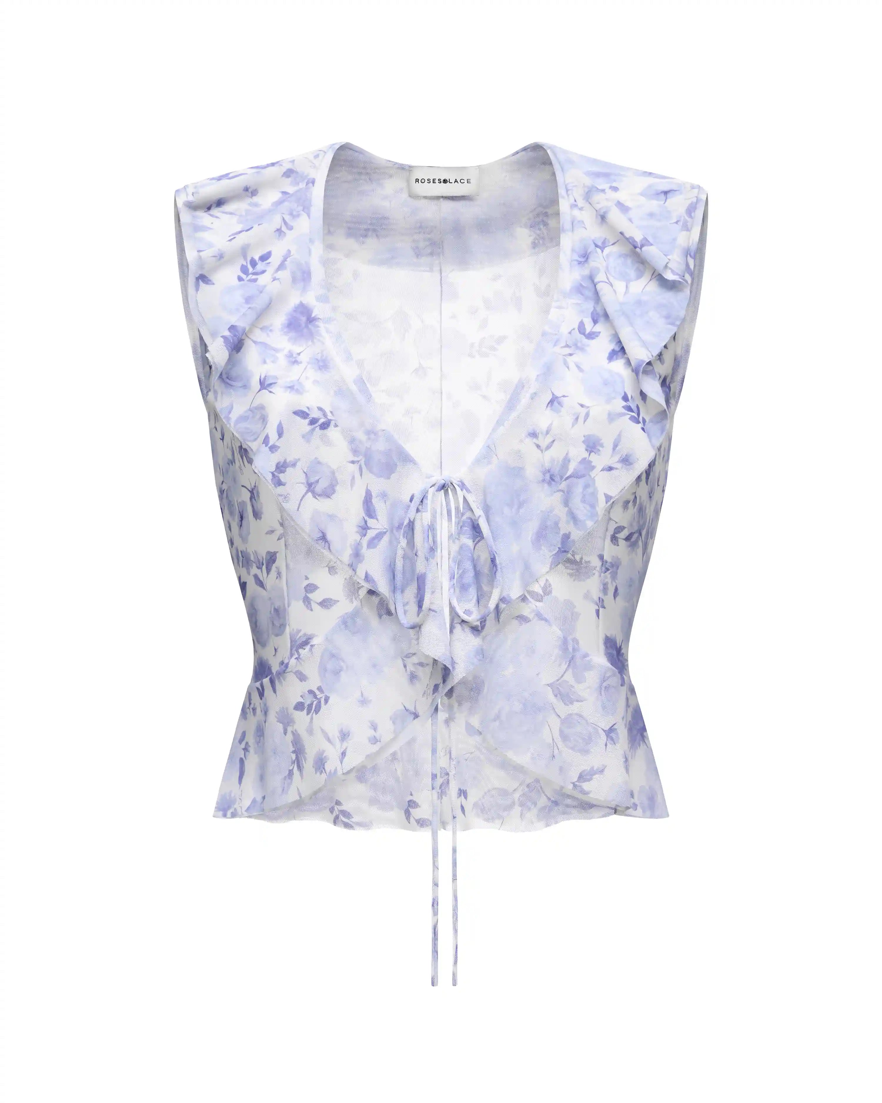 Hanna mesh, sleeveless beach blouse with ruffles made of ivory mesh with medium lilac flowers
