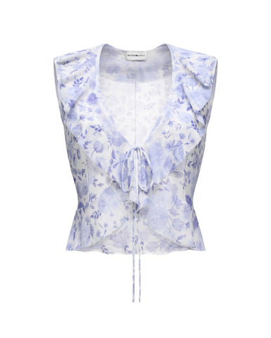 Hanna mesh, sleeveless beach blouse with ruffles made of ivory mesh with medium lilac flowers