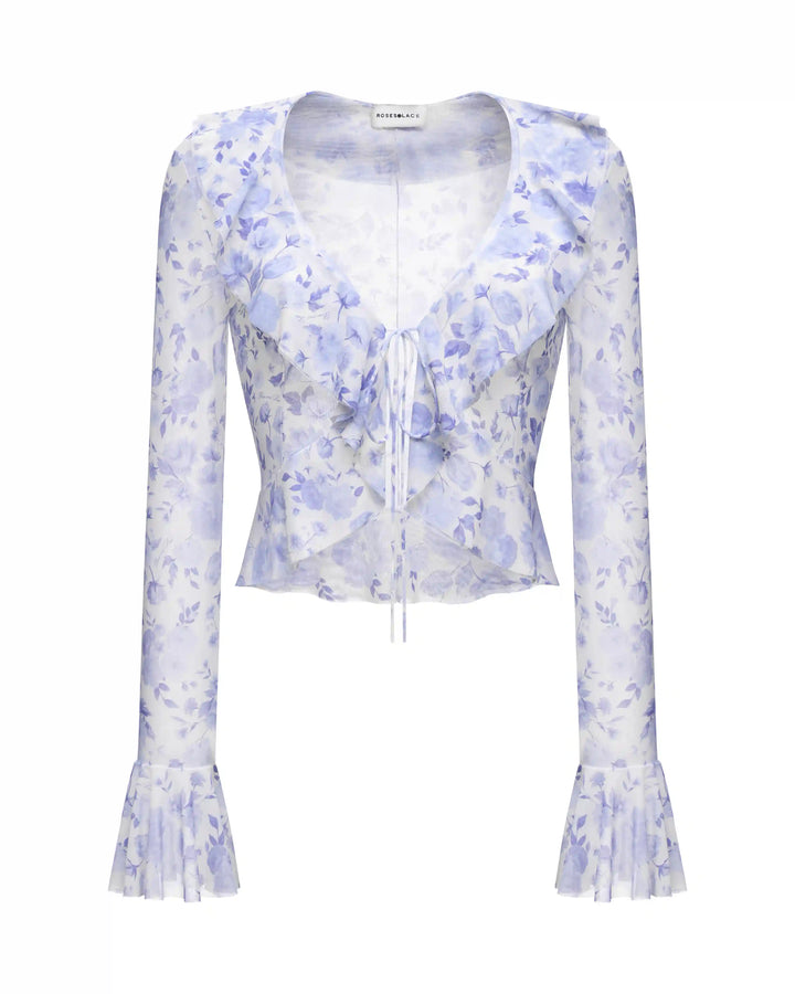Roxanna mesh, beach blouse with sleeves and ruffles made of ivory mesh with medium lilac flowers