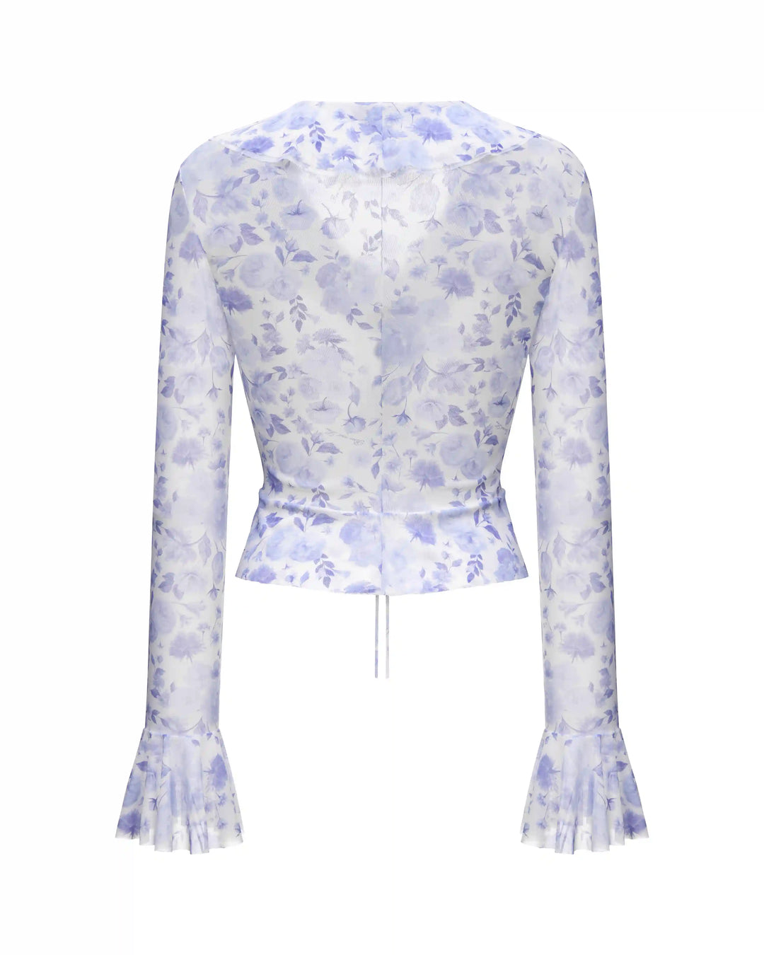 Roxanna mesh, beach blouse with sleeves and ruffles made of ivory mesh with medium lilac flowers