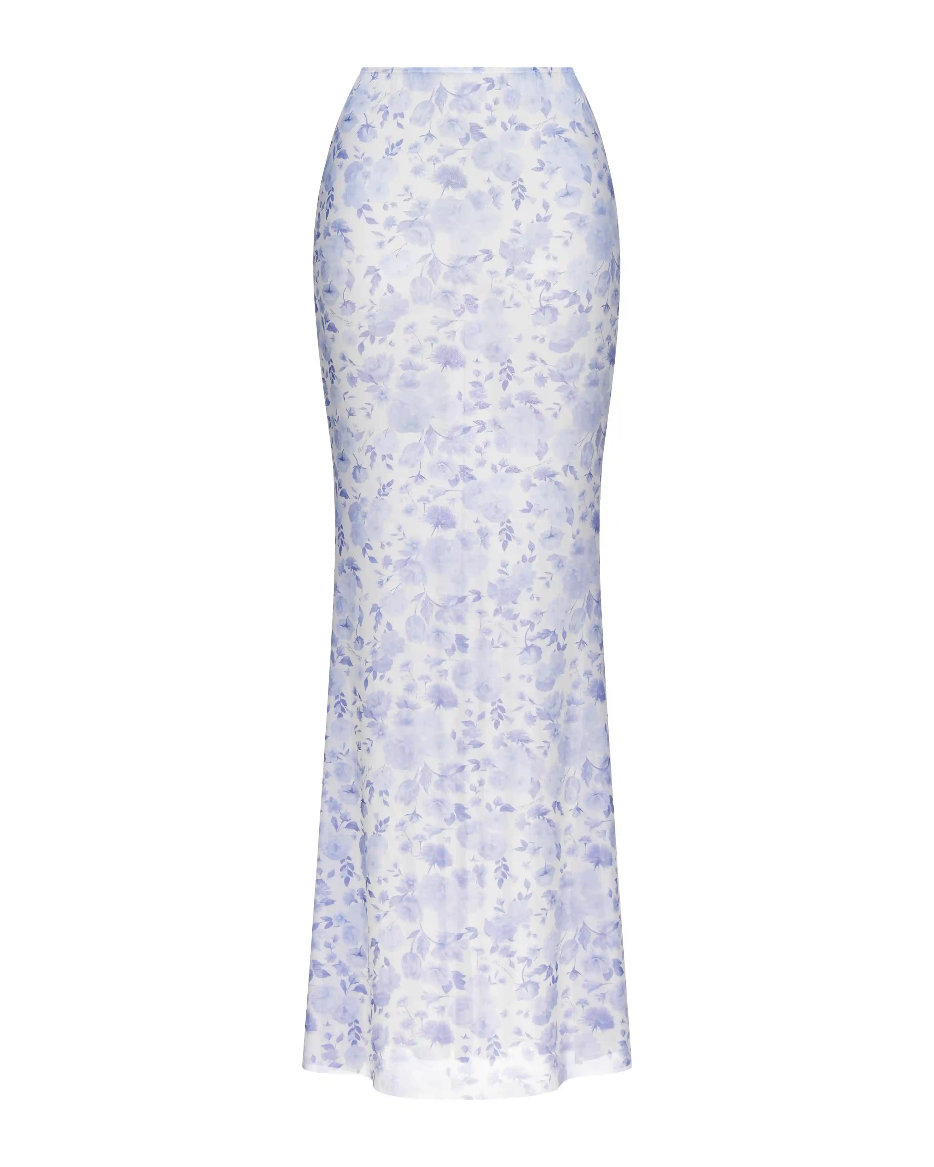 Kerelin mesh, maxi beach skirt made of ivory mesh with medium lilac flowers
