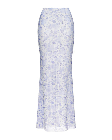 Kerelin mesh, maxi beach skirt made of ivory mesh with medium lilac flowers