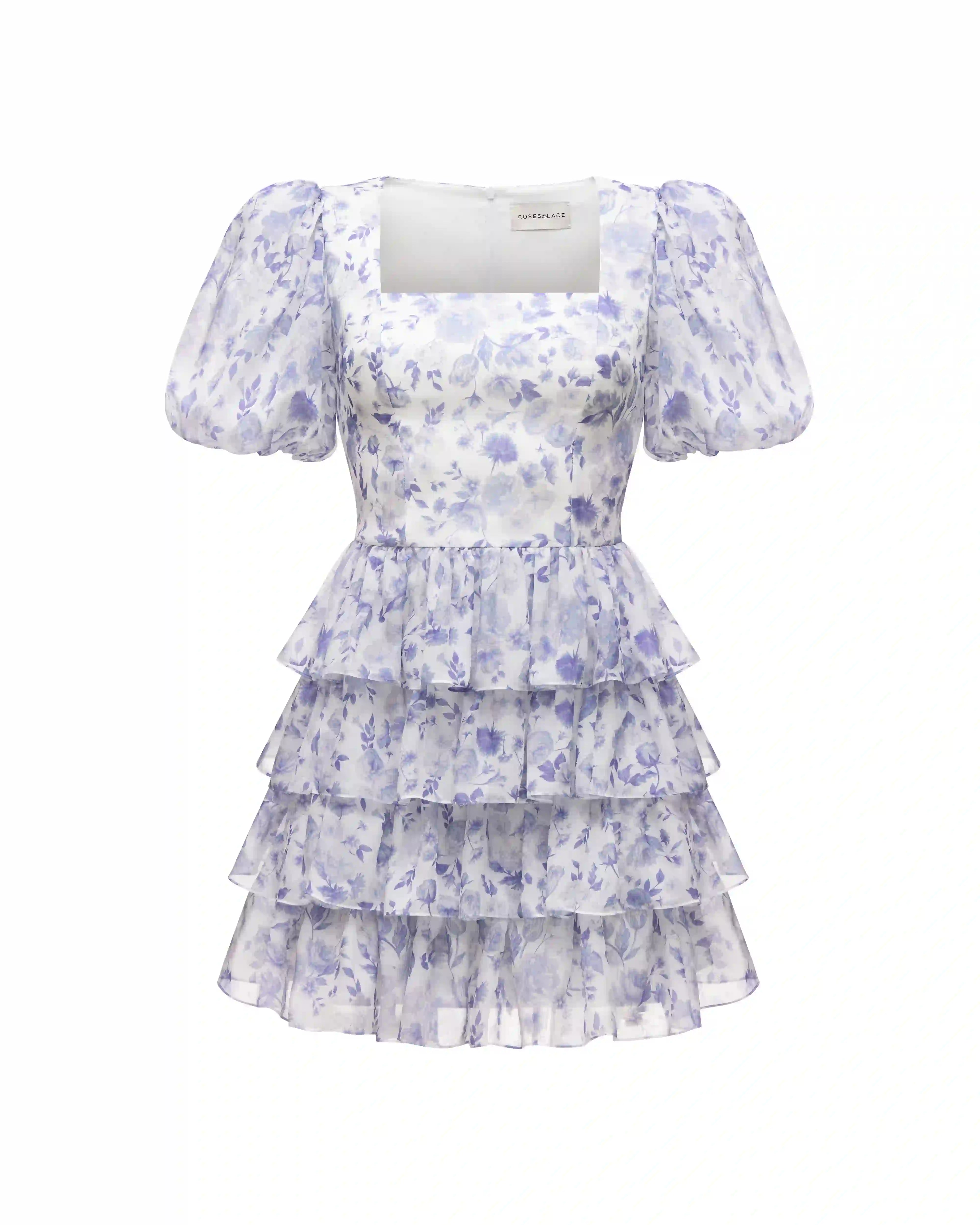 Susanna mini, mini dress with ruffles made of ivory chiffon with medium lilac flowers