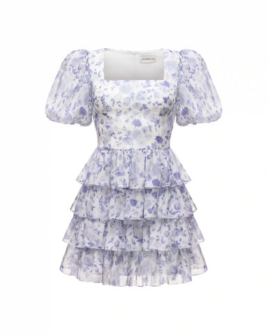 Susanna mini, mini dress with ruffles made of ivory chiffon with medium lilac flowers