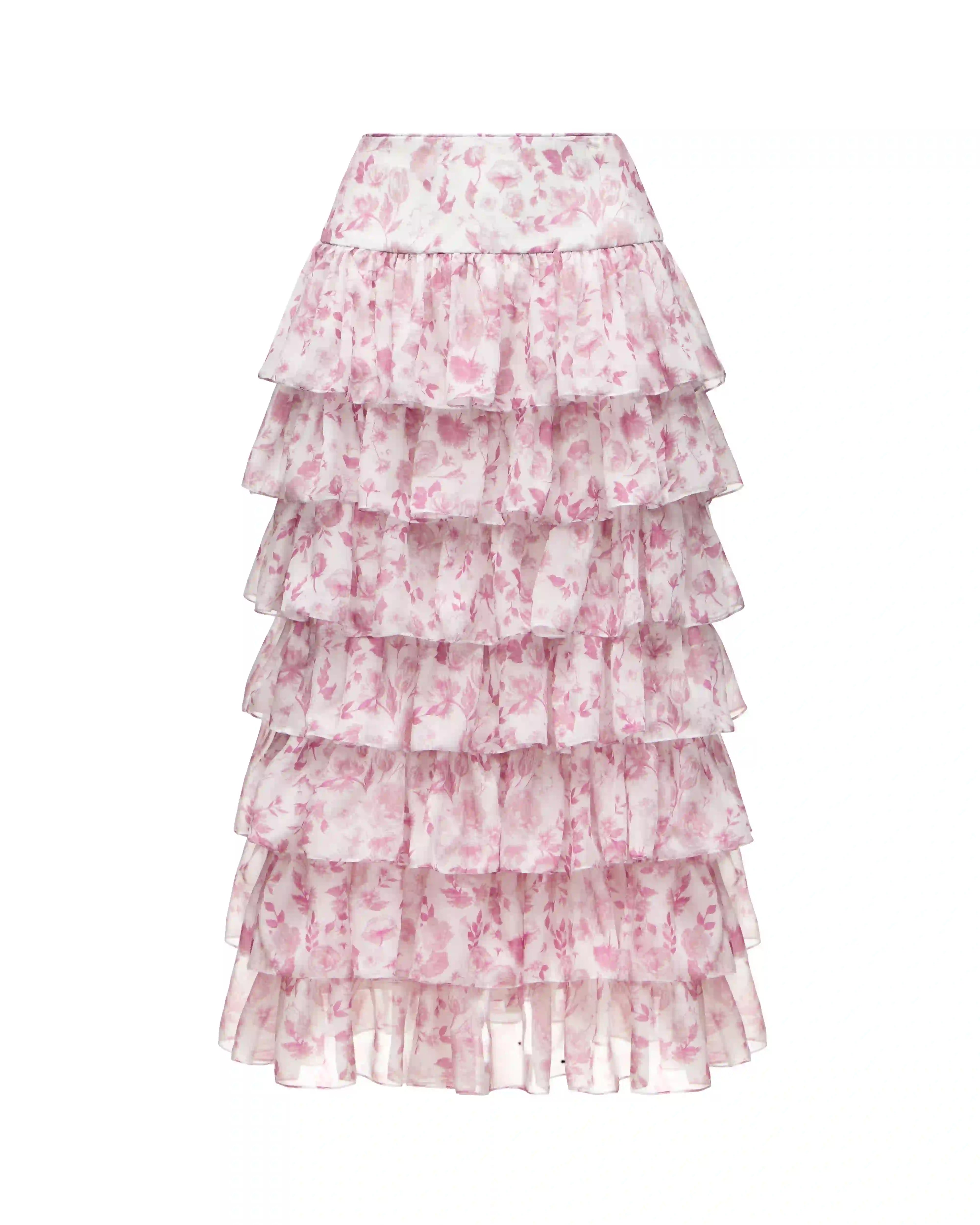 Carmelita, midi skirt with ruffles made of ivory chiffon with medium light pink flowers